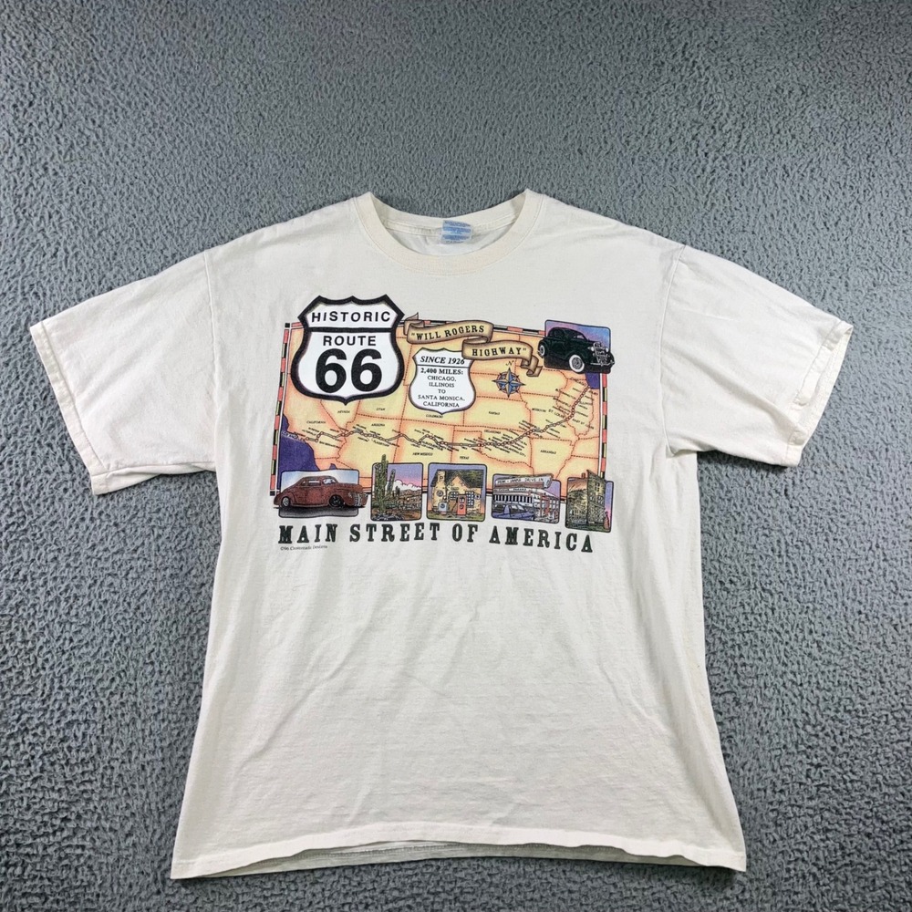 Vintage Gildan Route 66 Graphic T-Shirt Men L Main Street America Gorpcore Retro